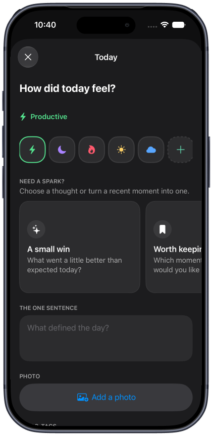 Lumory check-in screen: pick a mood, write one sentence, add a photo