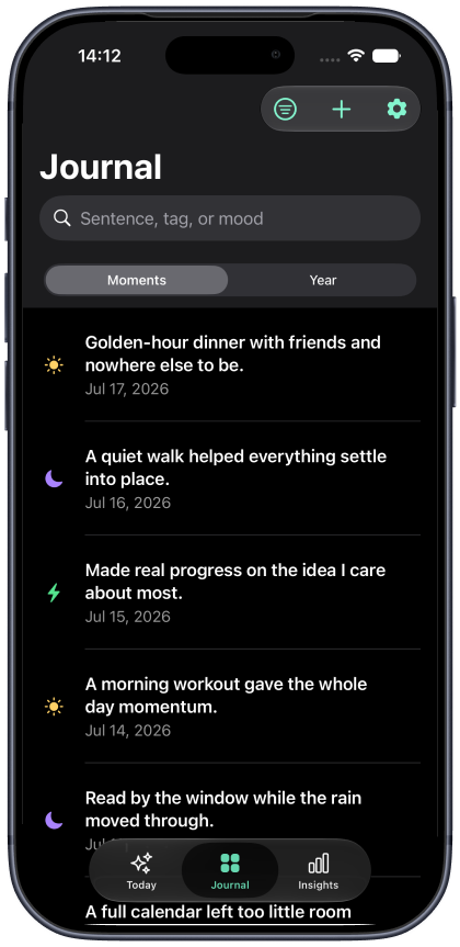 Lumory journal timeline with one sentence per day