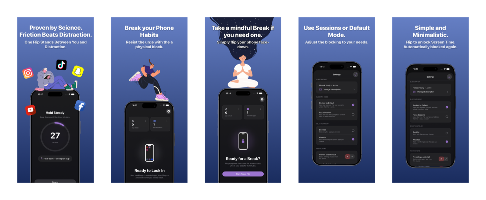 FocusFlip App Store screenshots: friction beats distraction, break your phone habits, take a mindful break, and simple blocking modes