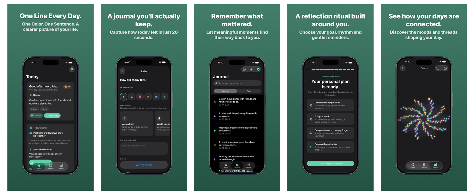 Lumory App Store screenshots: one line every day, a journal you'll actually keep, remember what mattered, a reflection ritual built around you, and see how your days are connected